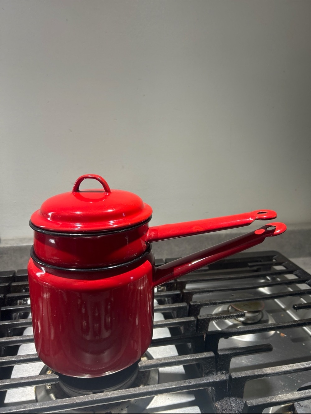 Vintage Huta Red Enamel Double Boiler Saucepan. Found in Canada🍁